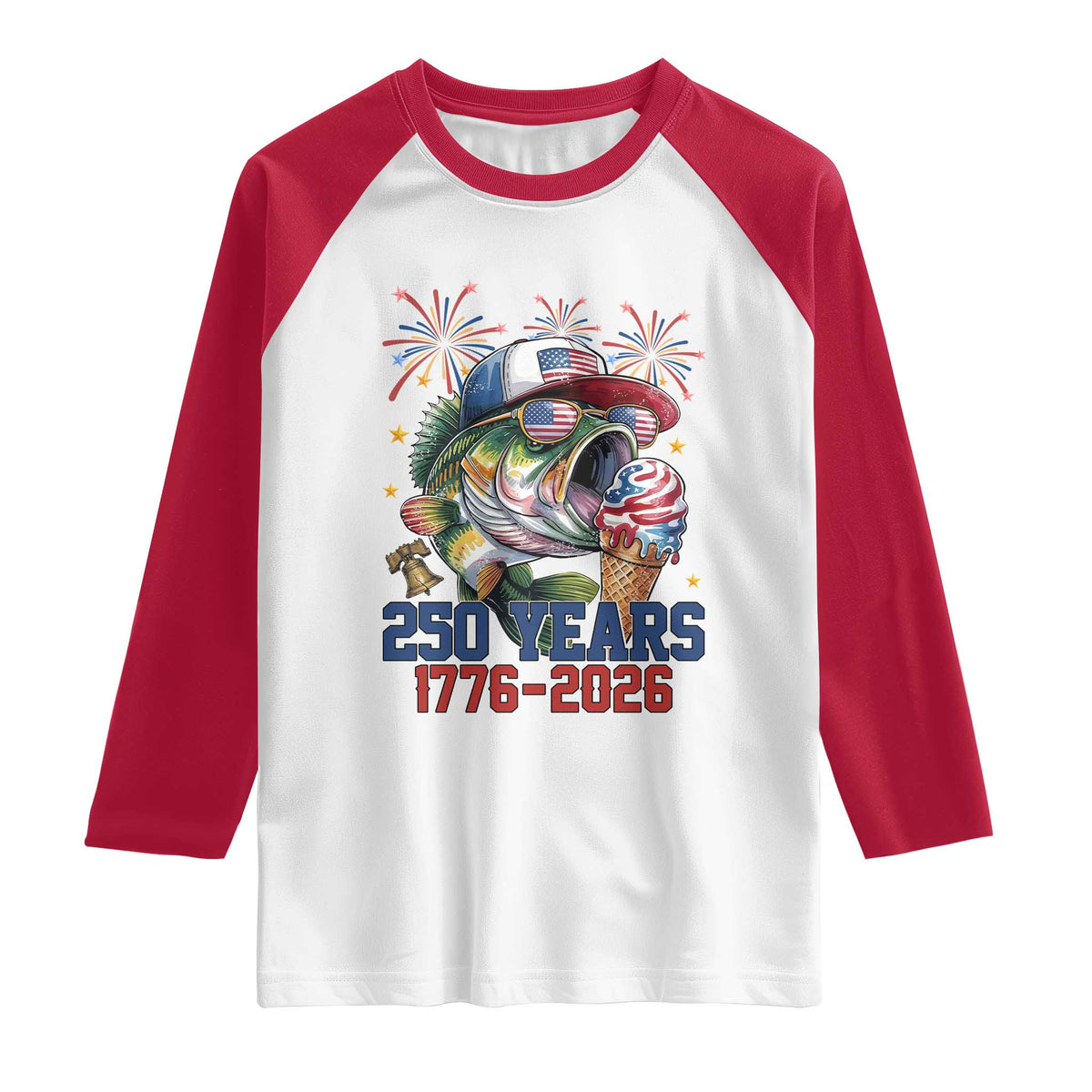 America 250th Fishing Raglan Shirt Patriotic Bass Fish American Flag