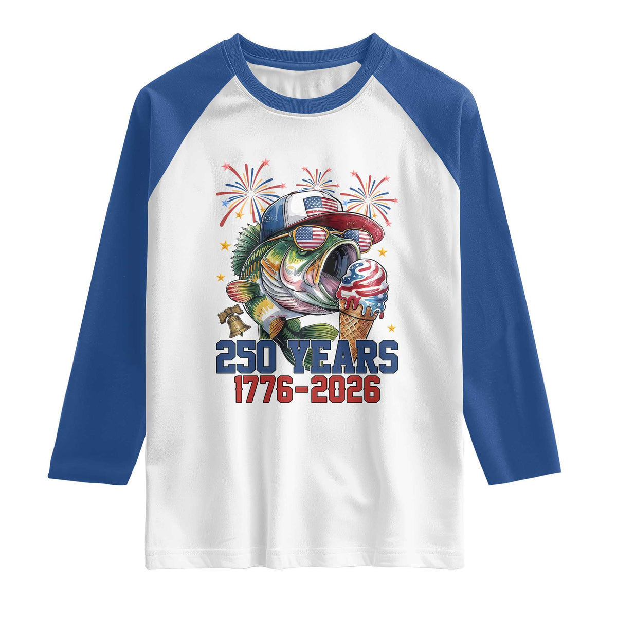 America 250th Fishing Raglan Shirt Patriotic Bass Fish American Flag