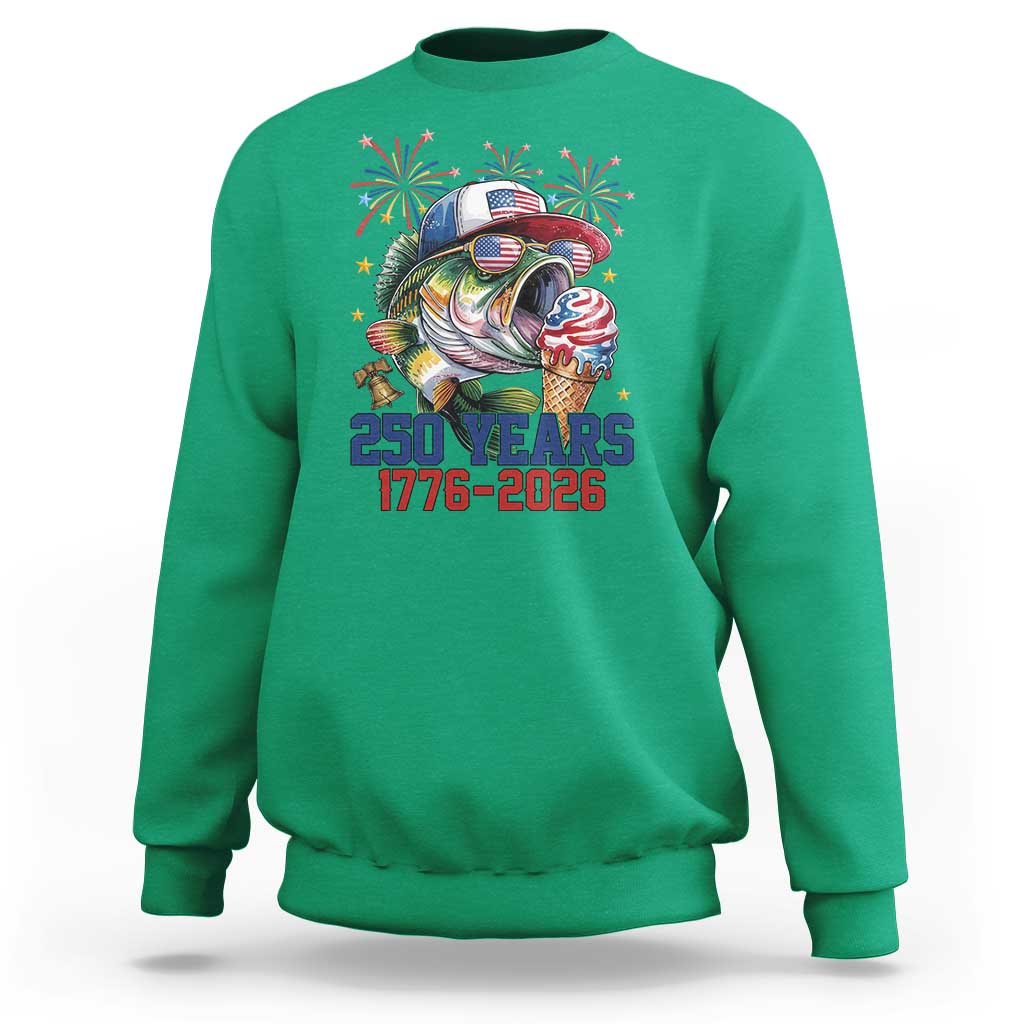 America 250th Fishing Sweatshirt Patriotic Bass Fish American Flag