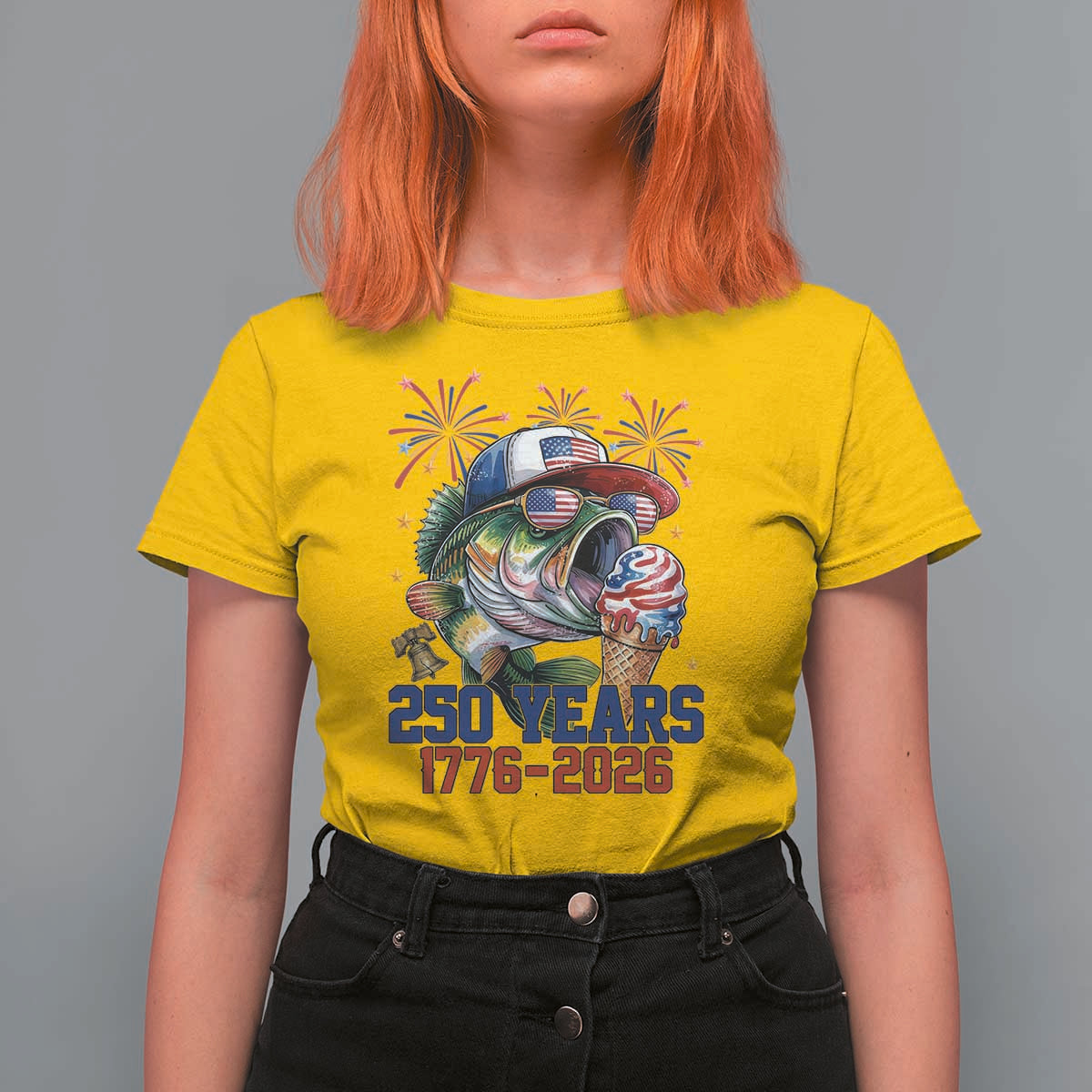 America 250th Fishing T Shirt For Women Patriotic Bass Fish American Flag
