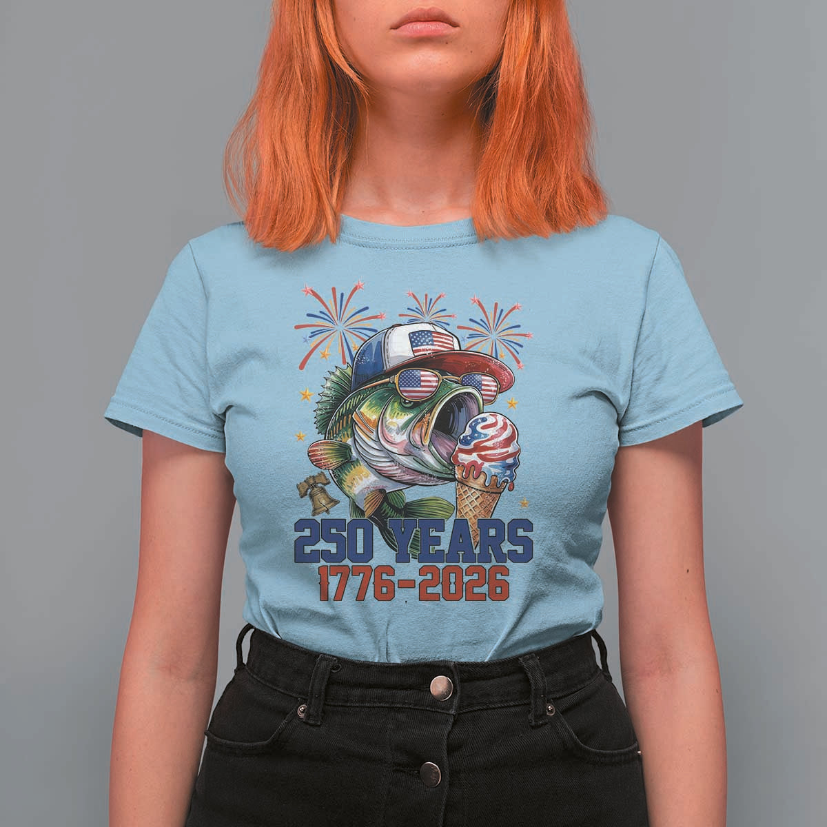 America 250th Fishing T Shirt For Women Patriotic Bass Fish American Flag
