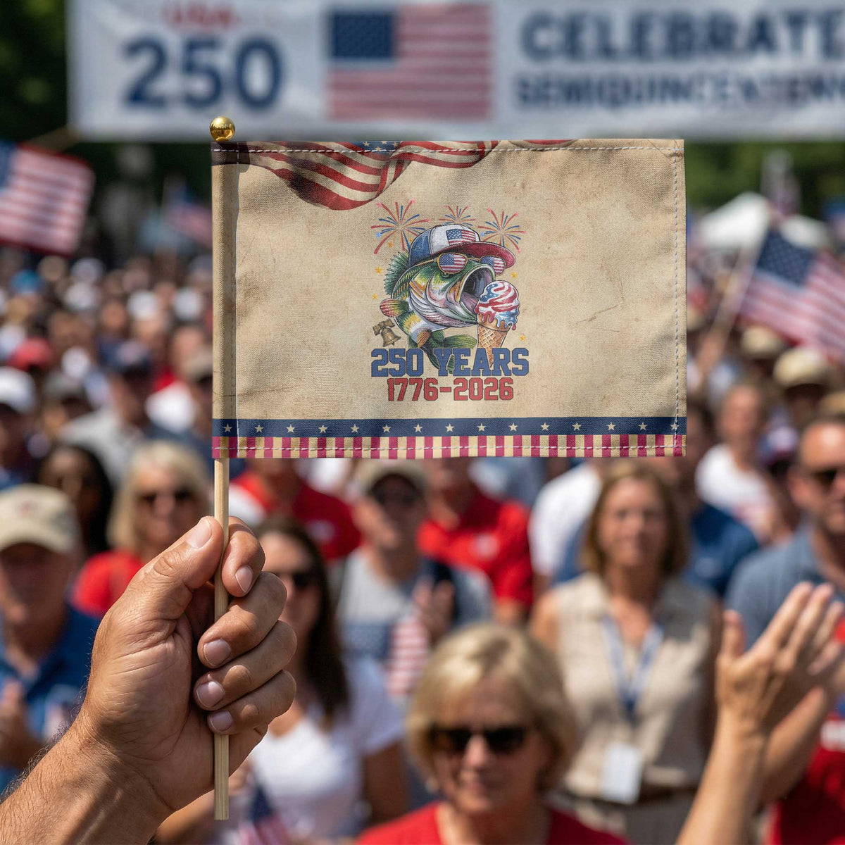 America 250th Fishing Patriotic Handheld Flag Patriotic Bass Fish American Flag