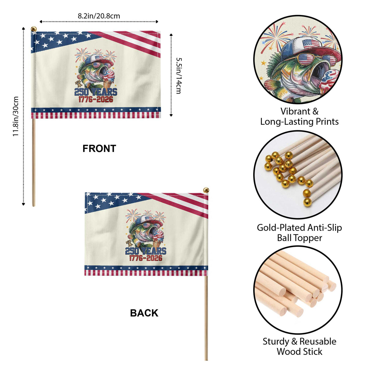 America 250th Fishing Patriotic Handheld Flag Patriotic Bass Fish American Flag TS14