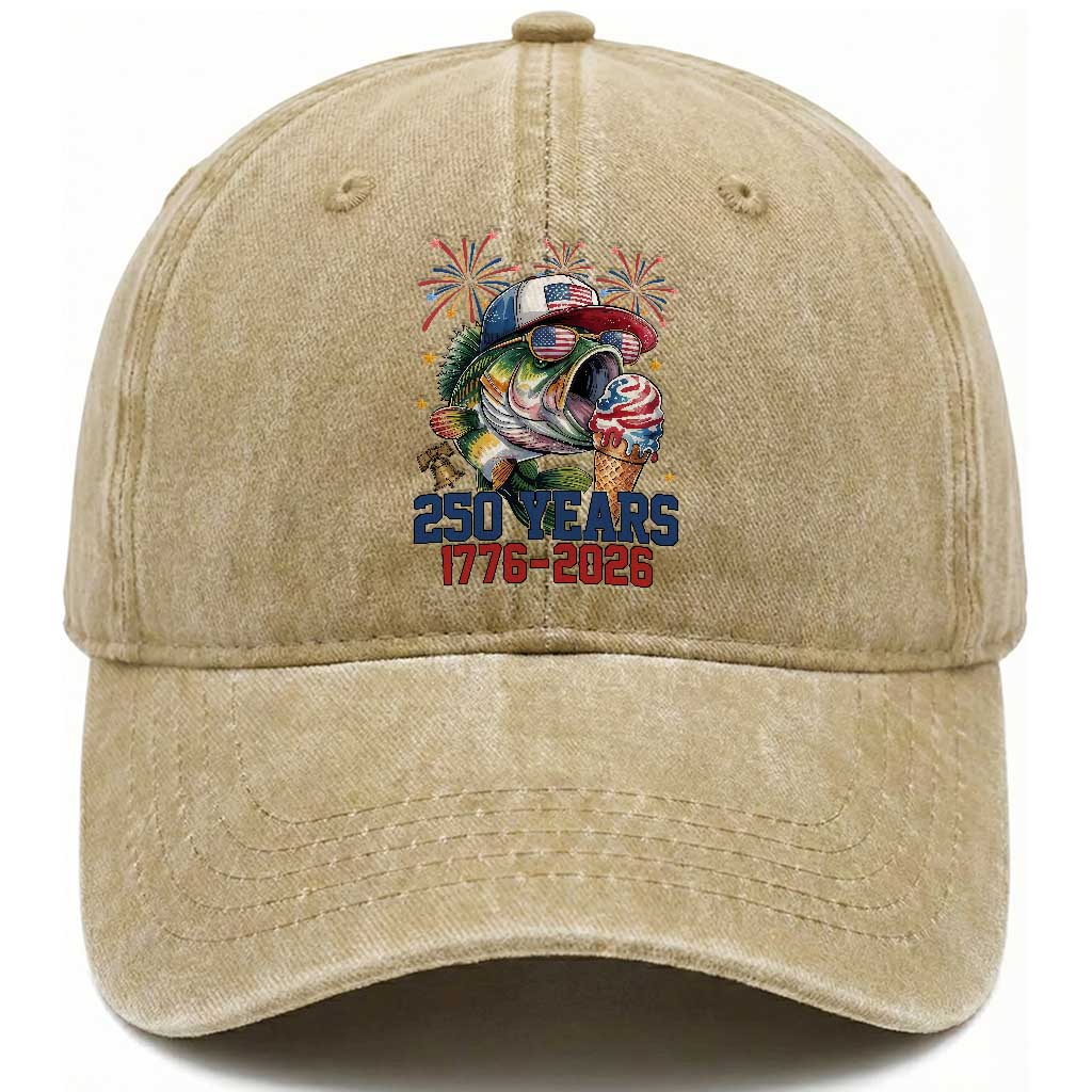 America 250th Fishing Washed Cotton Baseball Cap Patriotic Bass Fish American Flag