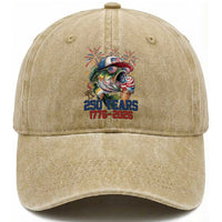 America 250th Fishing Washed Cotton Baseball Cap Patriotic Bass Fish American Flag