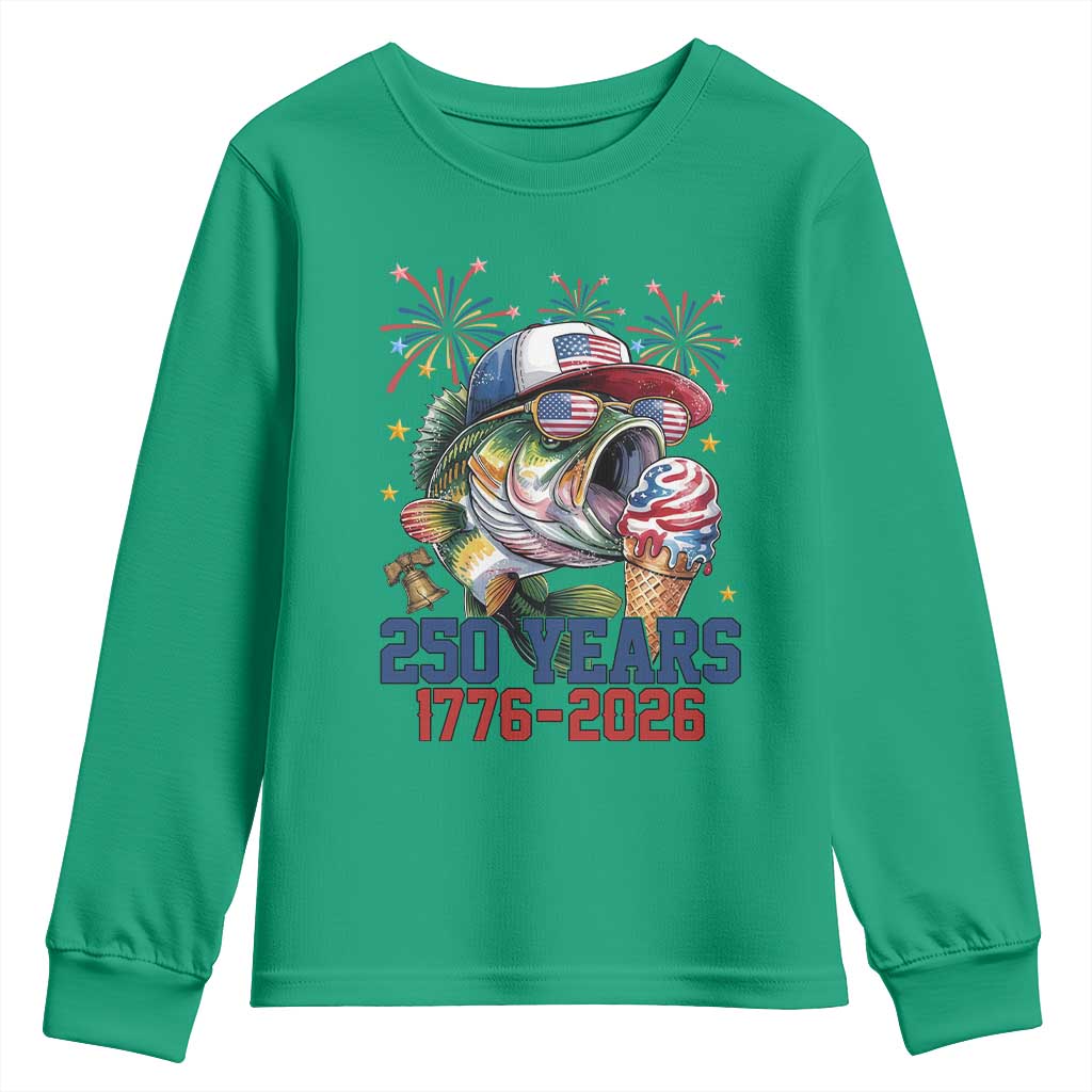 America 250th Fishing Youth Sweatshirt Patriotic Bass Fish American Flag