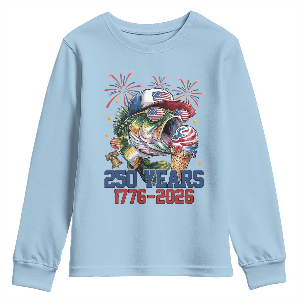 America 250th Fishing Youth Sweatshirt Patriotic Bass Fish American Flag