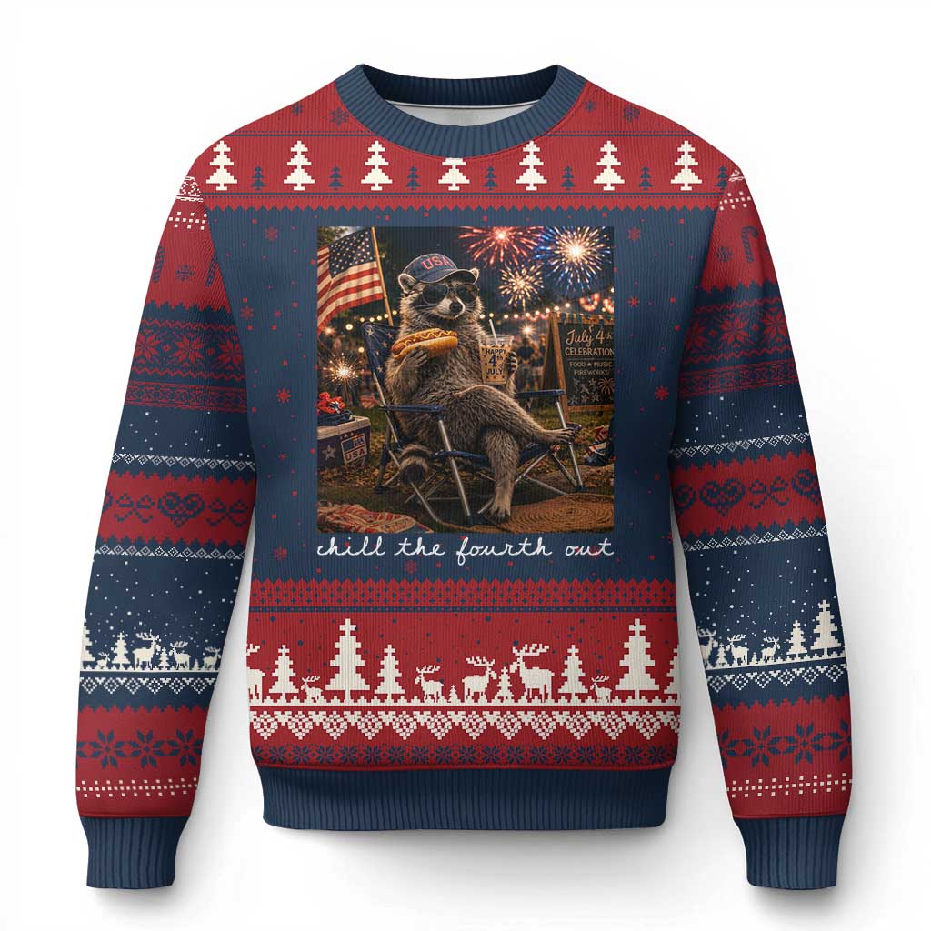 Funny Raccoon 4th of July Ugly Christmas Sweater Chill The Fourth Out