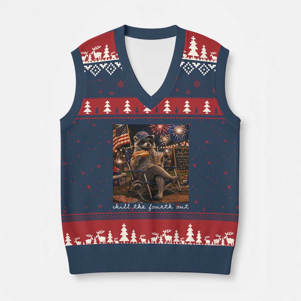 Funny Raccoon 4th of July V-Neck Knit Sweater Vest Chill The Fourth Out
