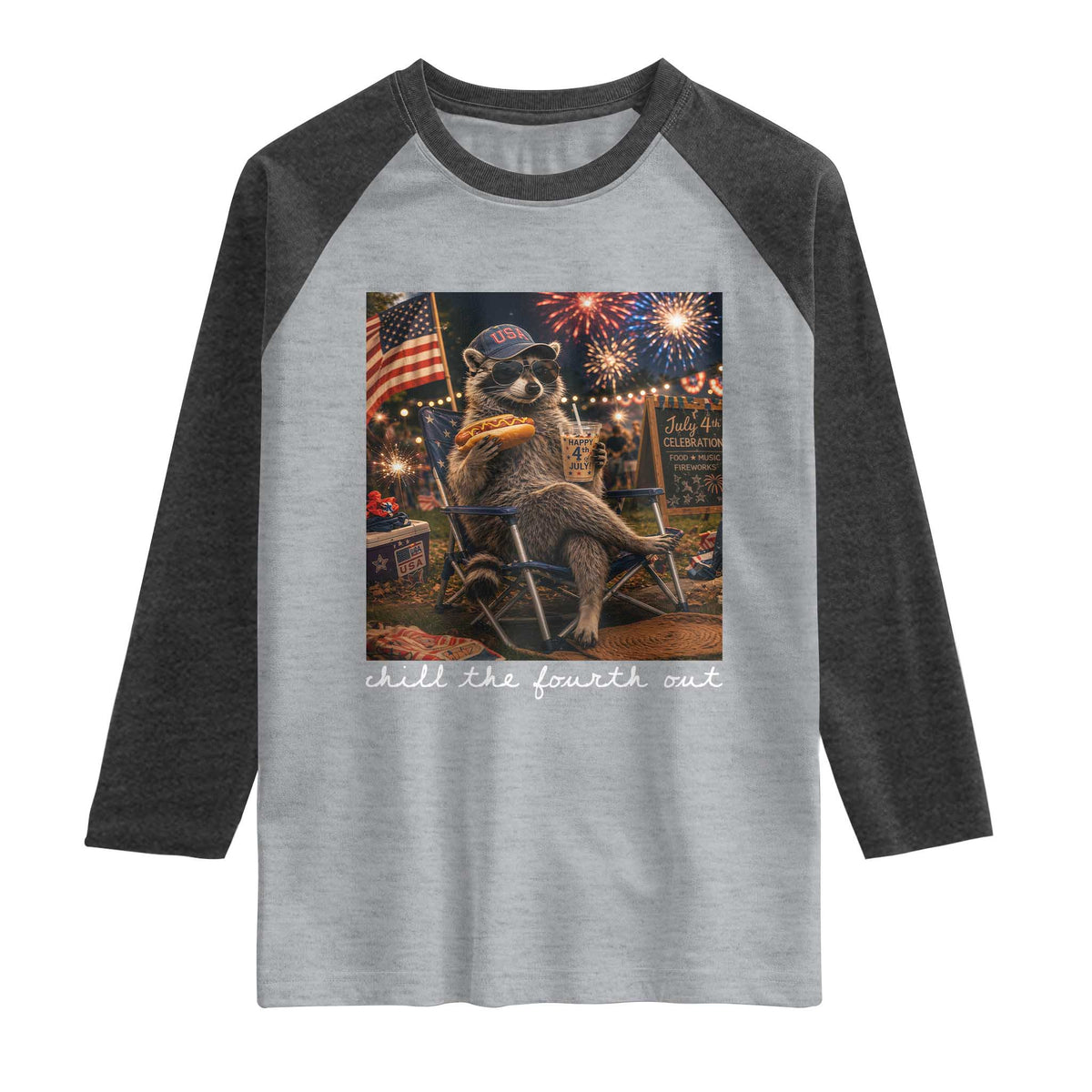 Funny Raccoon 4th of July Raglan Shirt Chill The Fourth Out
