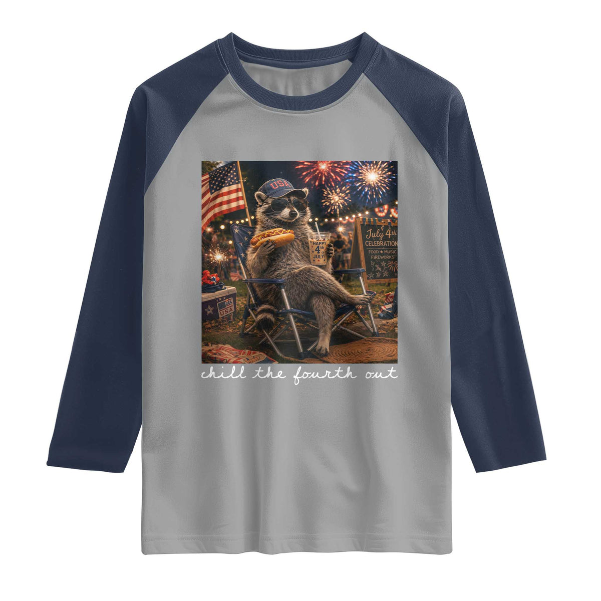 Funny Raccoon 4th of July Raglan Shirt Chill The Fourth Out