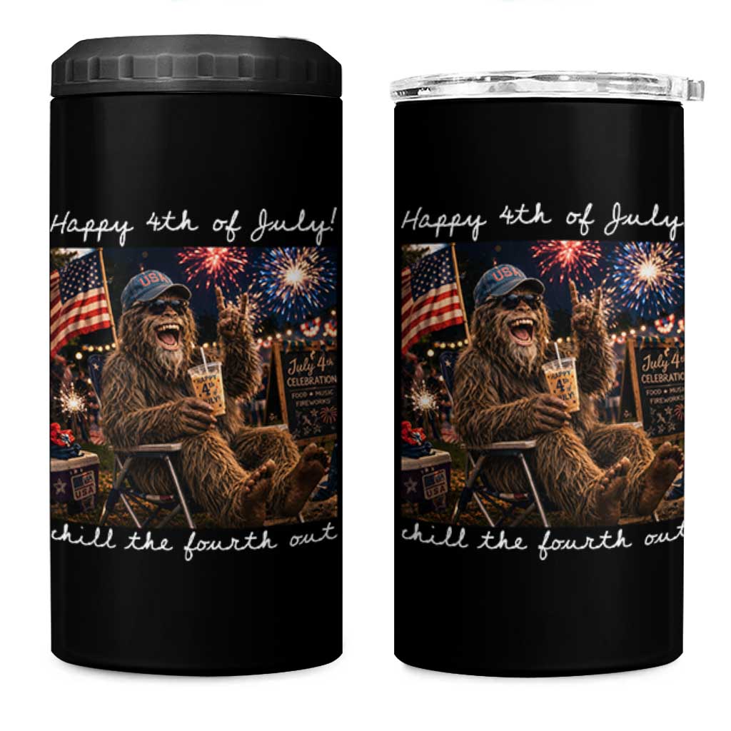 4th of July Bigfoot 4 in 1 Can Cooler Tumbler Patriotic Sasquatch American Flag Party Festival