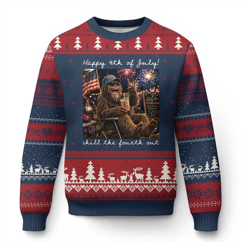 4th of July Bigfoot Ugly Christmas Sweater Patriotic Sasquatch American Flag Party Festival