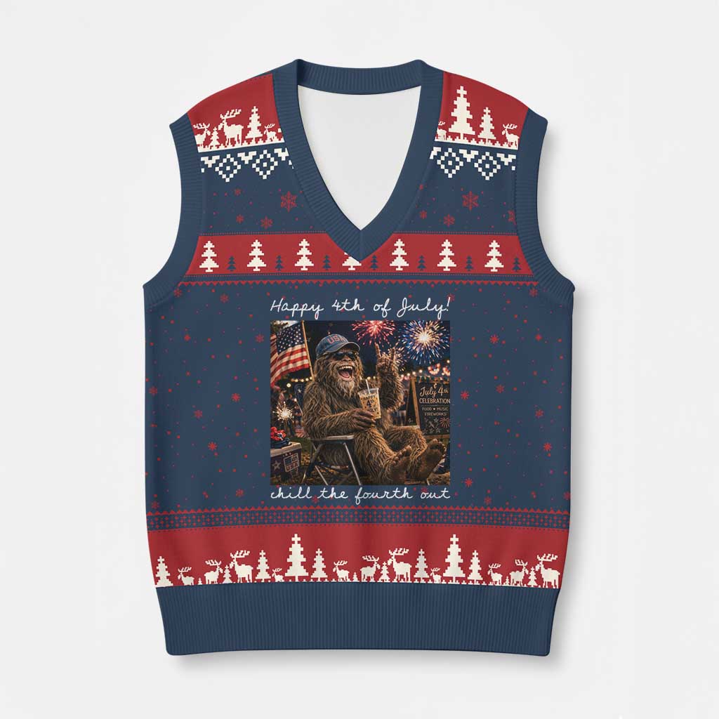 4th of July Bigfoot V-Neck Knit Sweater Vest Patriotic Sasquatch American Flag Party Festival