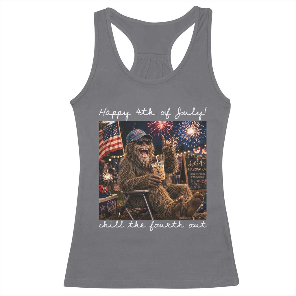 4th of July Bigfoot Racerback Tank Top Patriotic Sasquatch American Flag Party Festival
