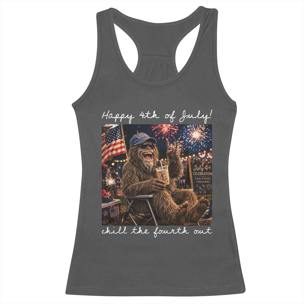 4th of July Bigfoot Racerback Tank Top Patriotic Sasquatch American Flag Party Festival