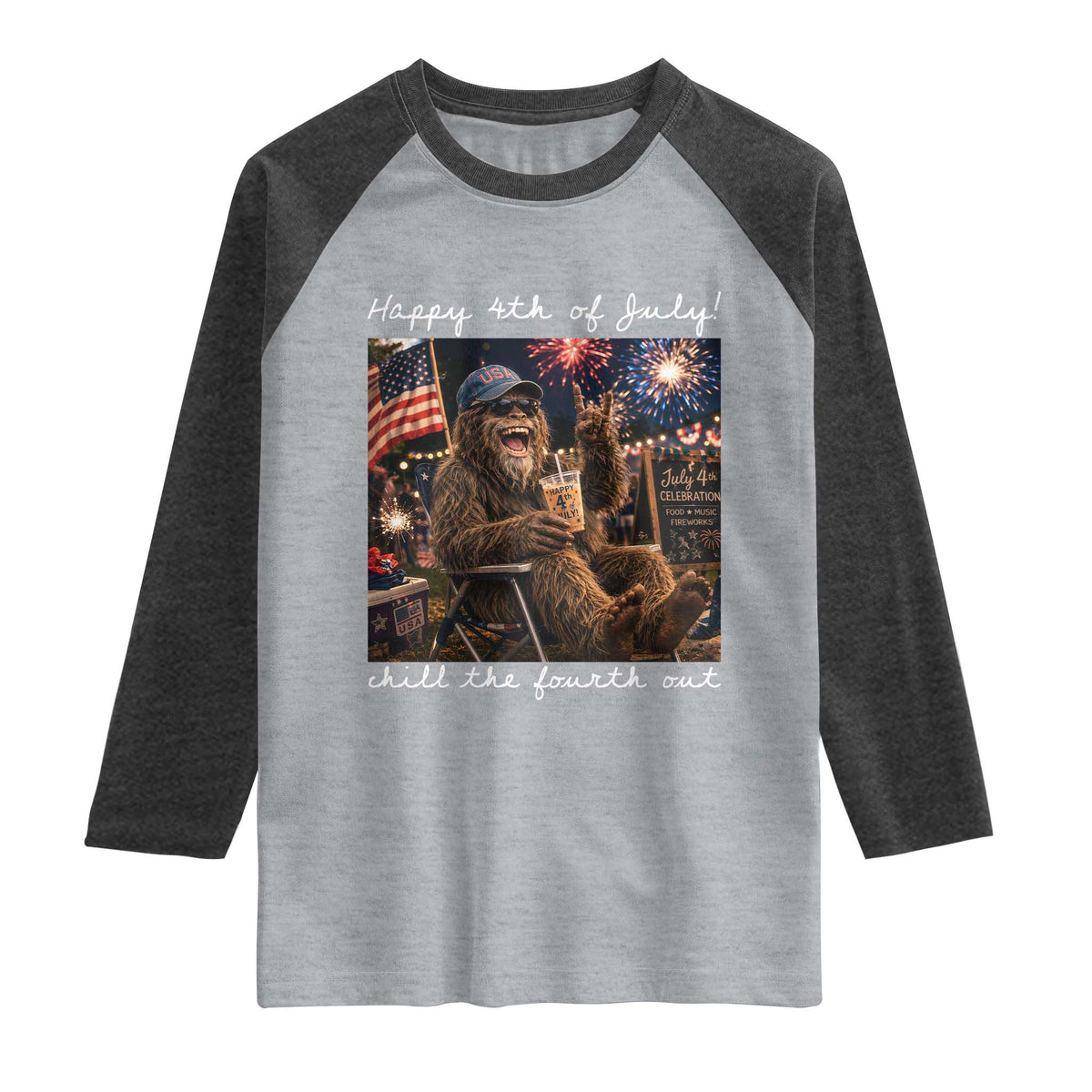 4th of July Bigfoot Raglan Shirt Patriotic Sasquatch American Flag Party Festival