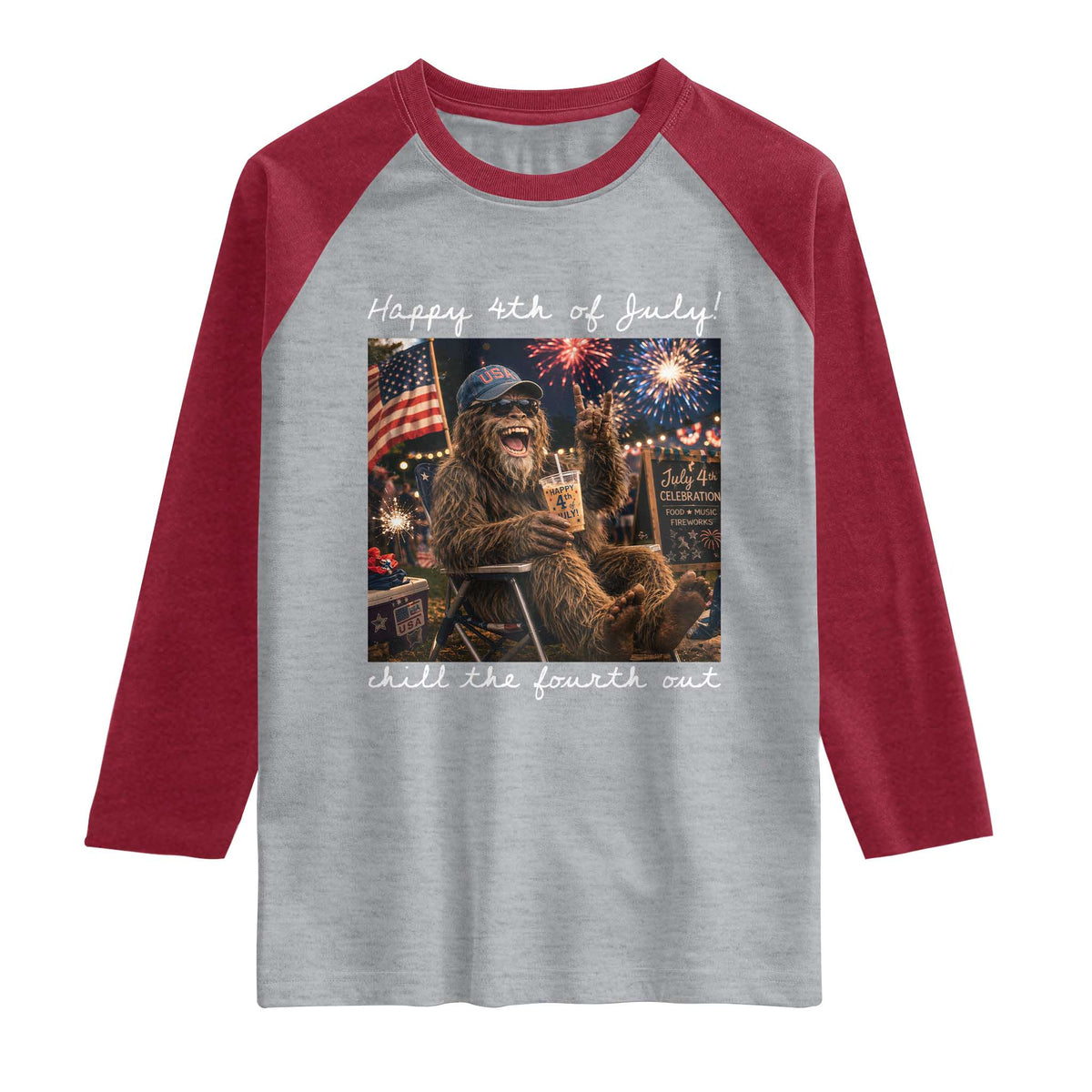 4th of July Bigfoot Raglan Shirt Patriotic Sasquatch American Flag Party Festival