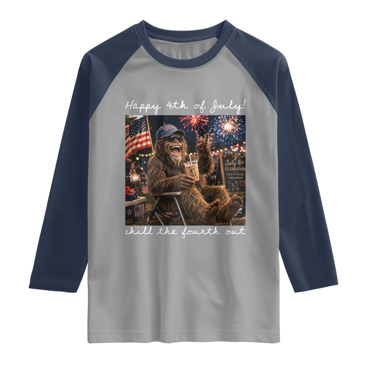 4th of July Bigfoot Raglan Shirt Patriotic Sasquatch American Flag Party Festival