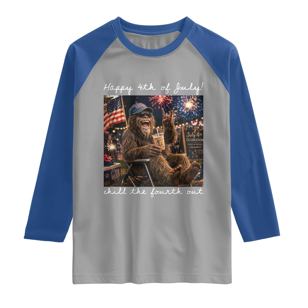 4th of July Bigfoot Raglan Shirt Patriotic Sasquatch American Flag Party Festival
