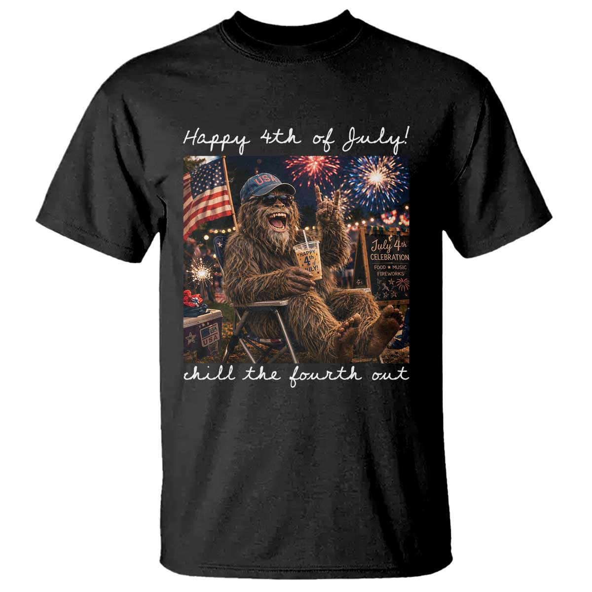 4th of July Bigfoot T Shirt Patriotic Sasquatch American Flag Party Festival