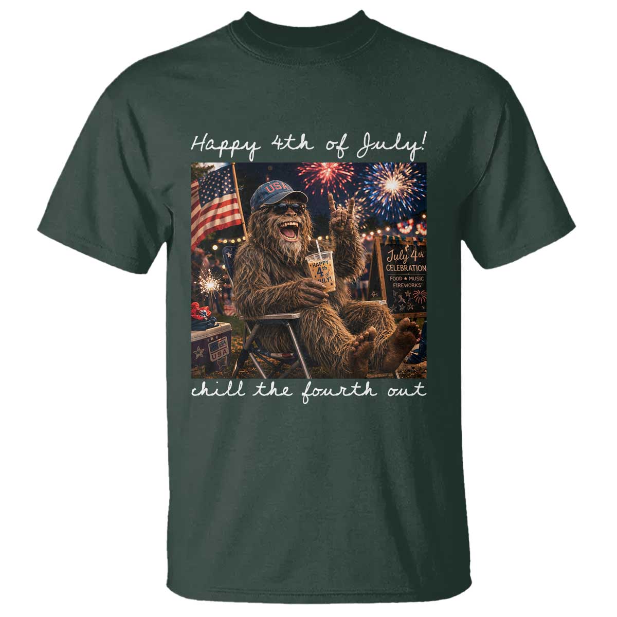4th of July Bigfoot T Shirt Patriotic Sasquatch American Flag Party Festival