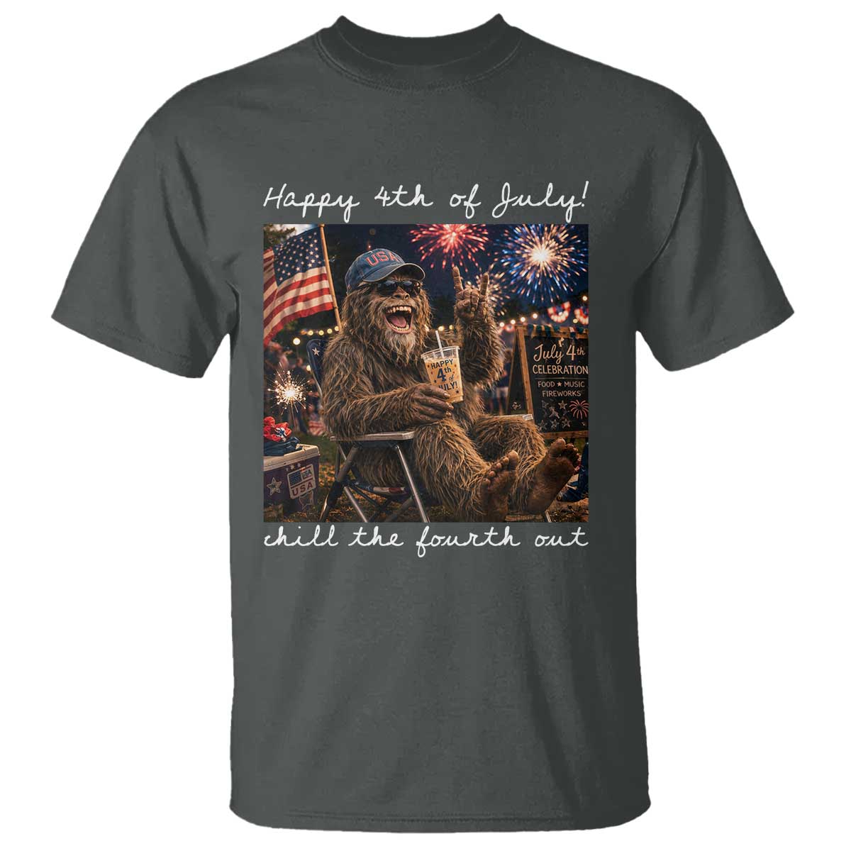 4th of July Bigfoot T Shirt Patriotic Sasquatch American Flag Party Festival