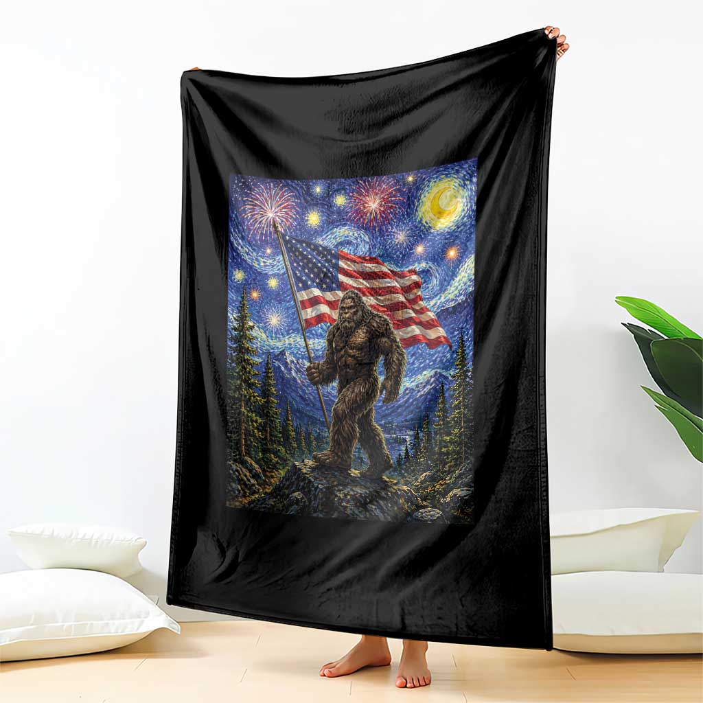 Bigfoot Patriotic 250 Years of Freedom Throw Blanket American USA Flag Stary Night