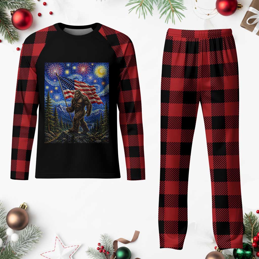 Bigfoot Patriotic 250 Years of Freedom Plaid Pajama Set American USA Flag Stary Night