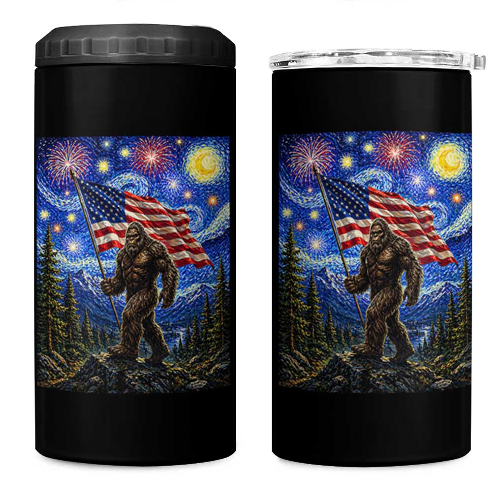 Bigfoot Patriotic 250 Years of Freedom 4 in 1 Can Cooler Tumbler American USA Flag Stary Night