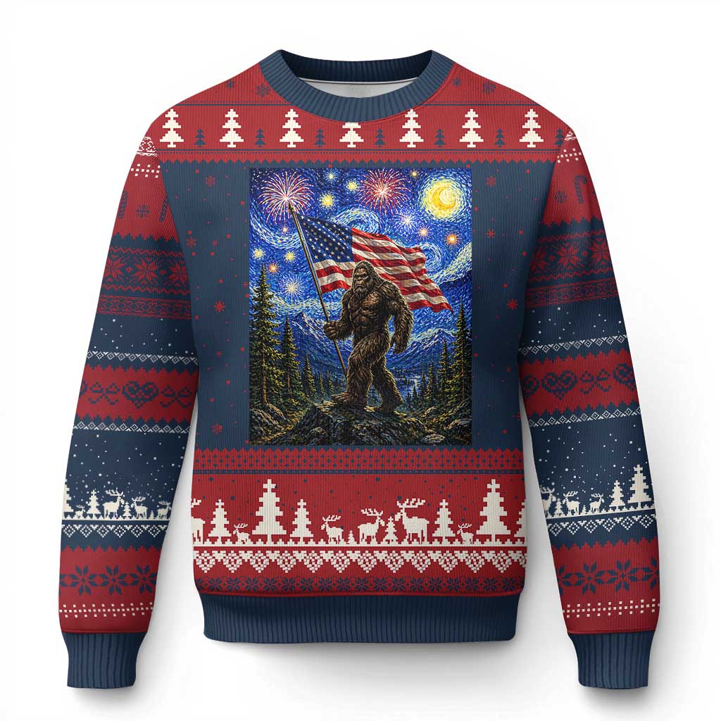 Bigfoot Patriotic 250 Years of Freedom Ugly Christmas Sweater American USA Flag Stary Night