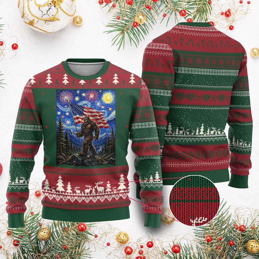 Bigfoot Patriotic 250 Years of Freedom Ugly Christmas Sweater American USA Flag Stary Night