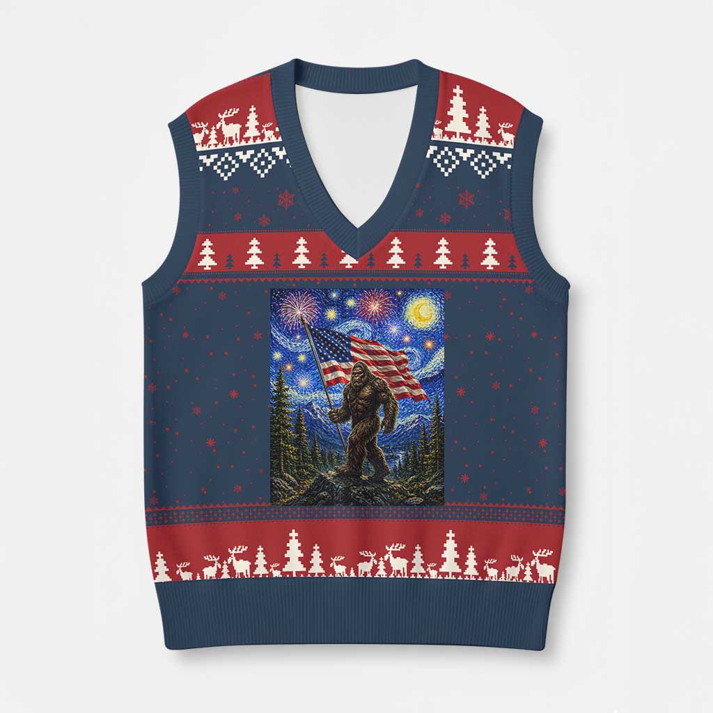 Bigfoot Patriotic 250 Years of Freedom V-Neck Knit Sweater Vest American USA Flag Stary Night