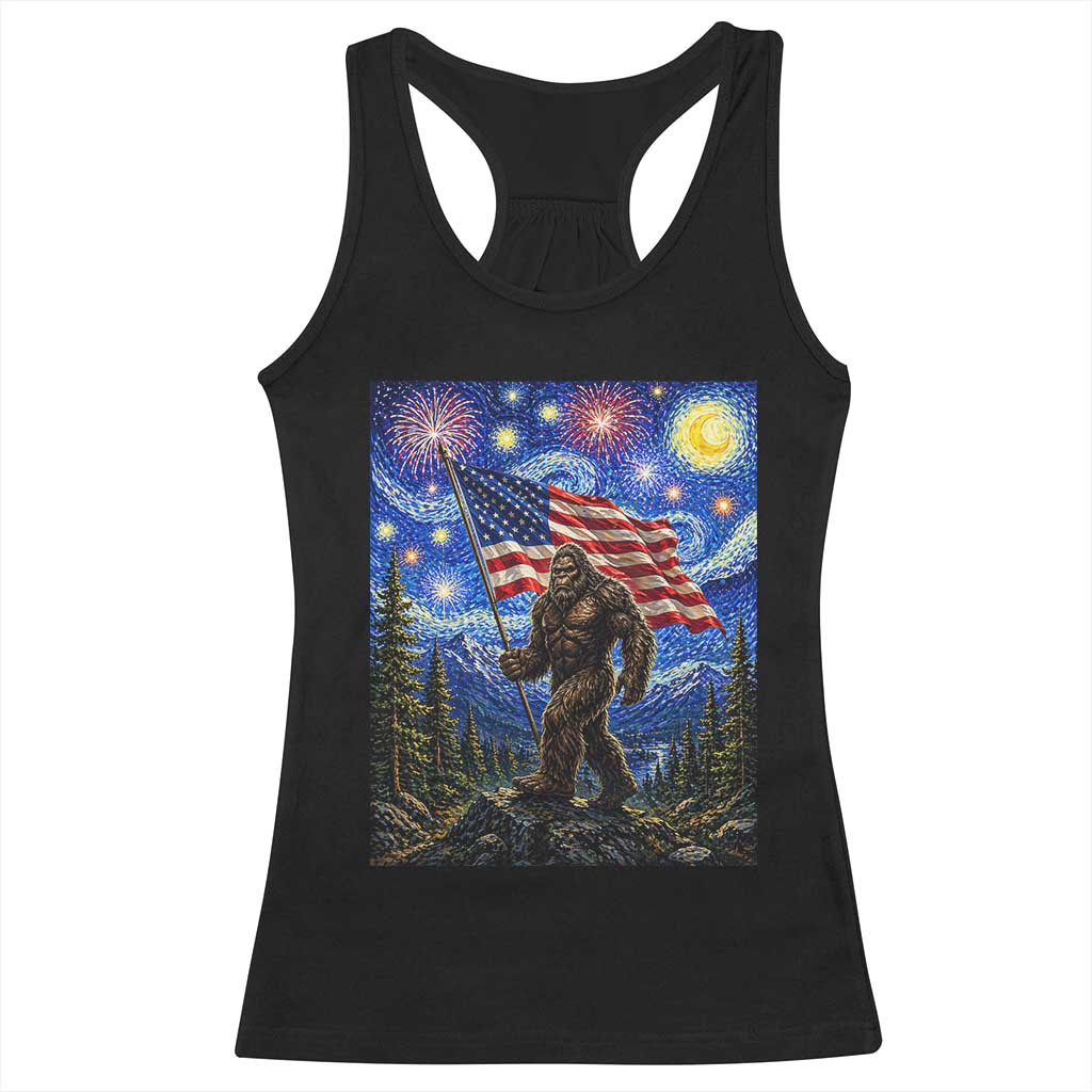 Bigfoot Patriotic 250 Years of Freedom Racerback Tank Top American USA Flag Stary Night