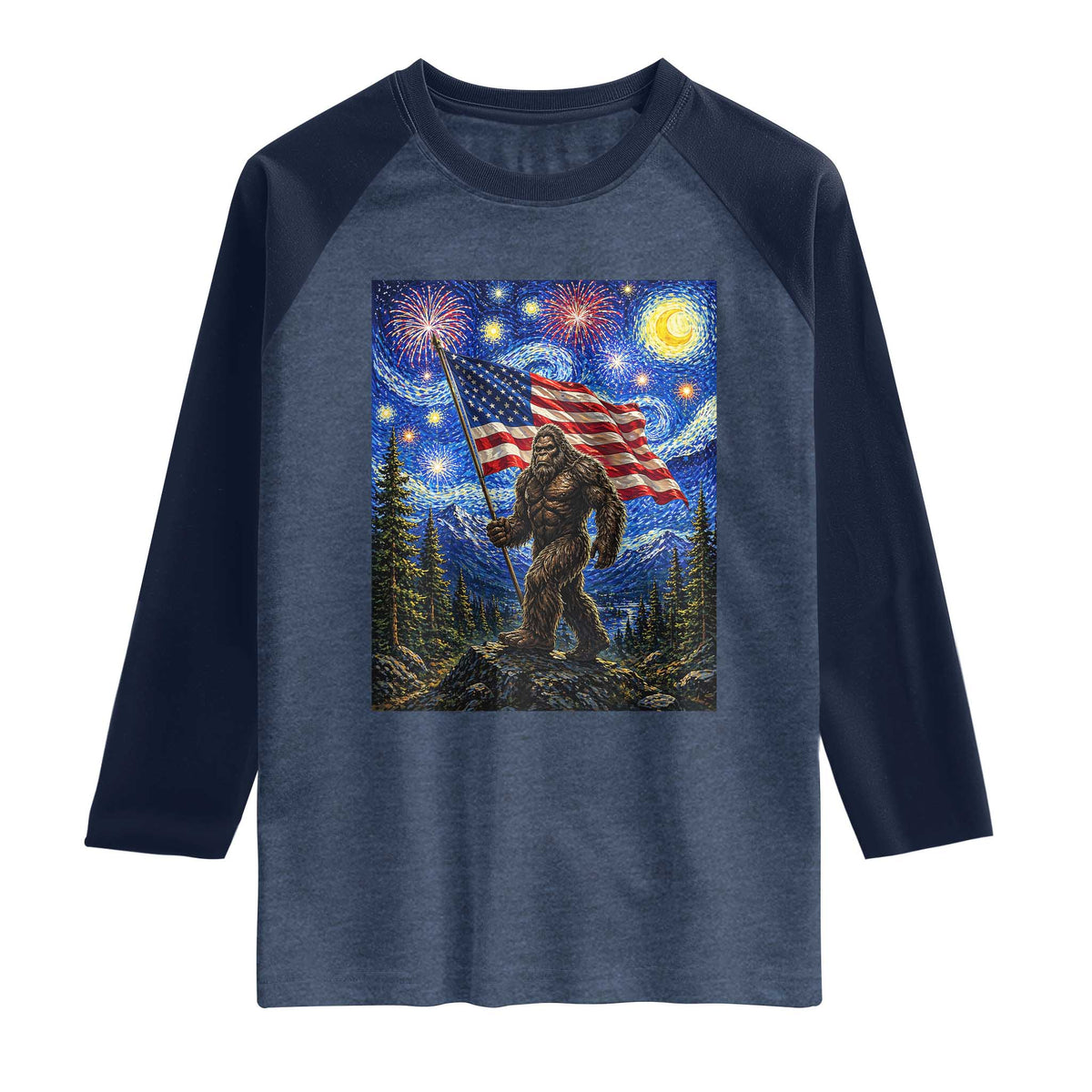 Bigfoot Patriotic 250 Years of Freedom Raglan Shirt American USA Flag Stary Night