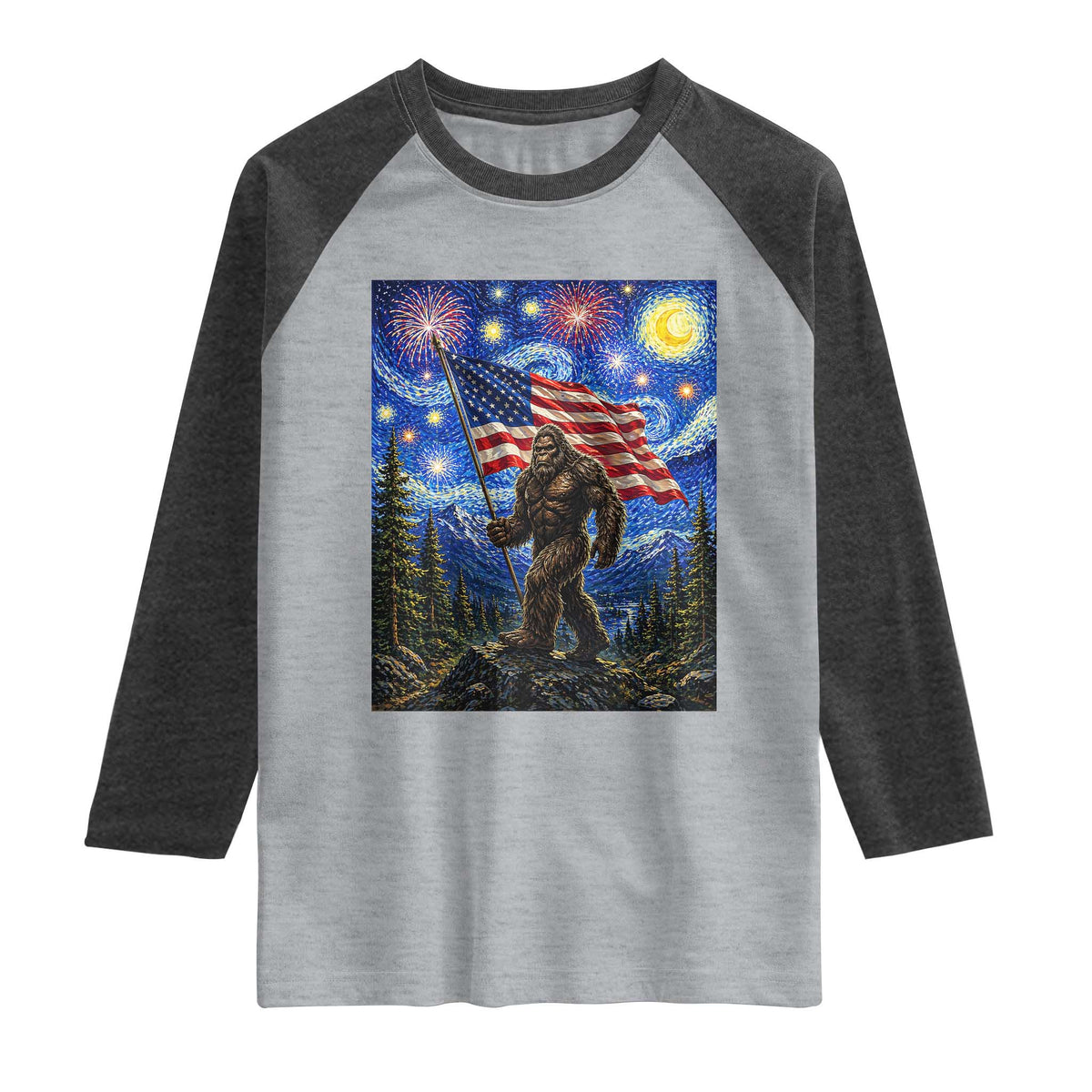 Bigfoot Patriotic 250 Years of Freedom Raglan Shirt American USA Flag Stary Night