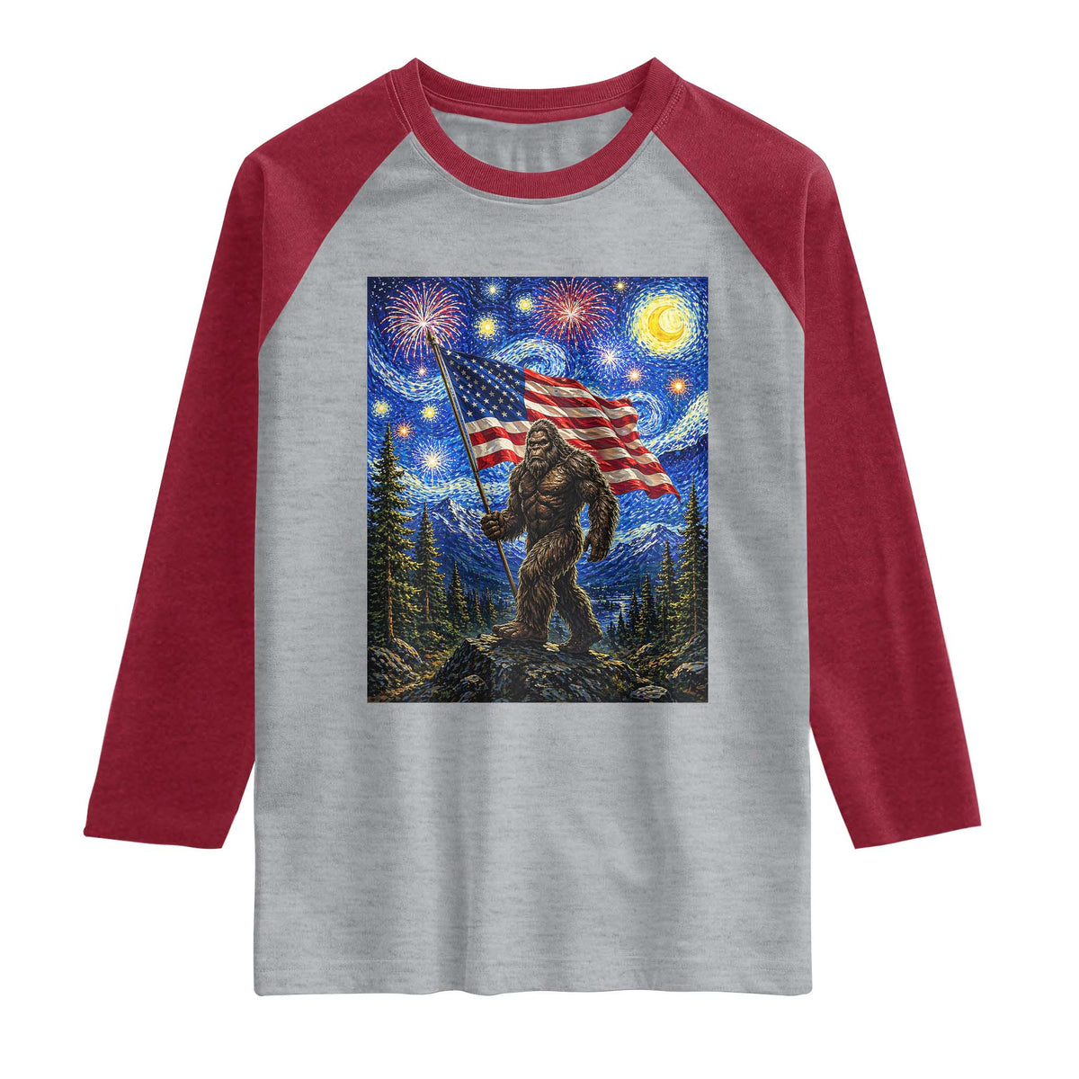 Bigfoot Patriotic 250 Years of Freedom Raglan Shirt American USA Flag Stary Night