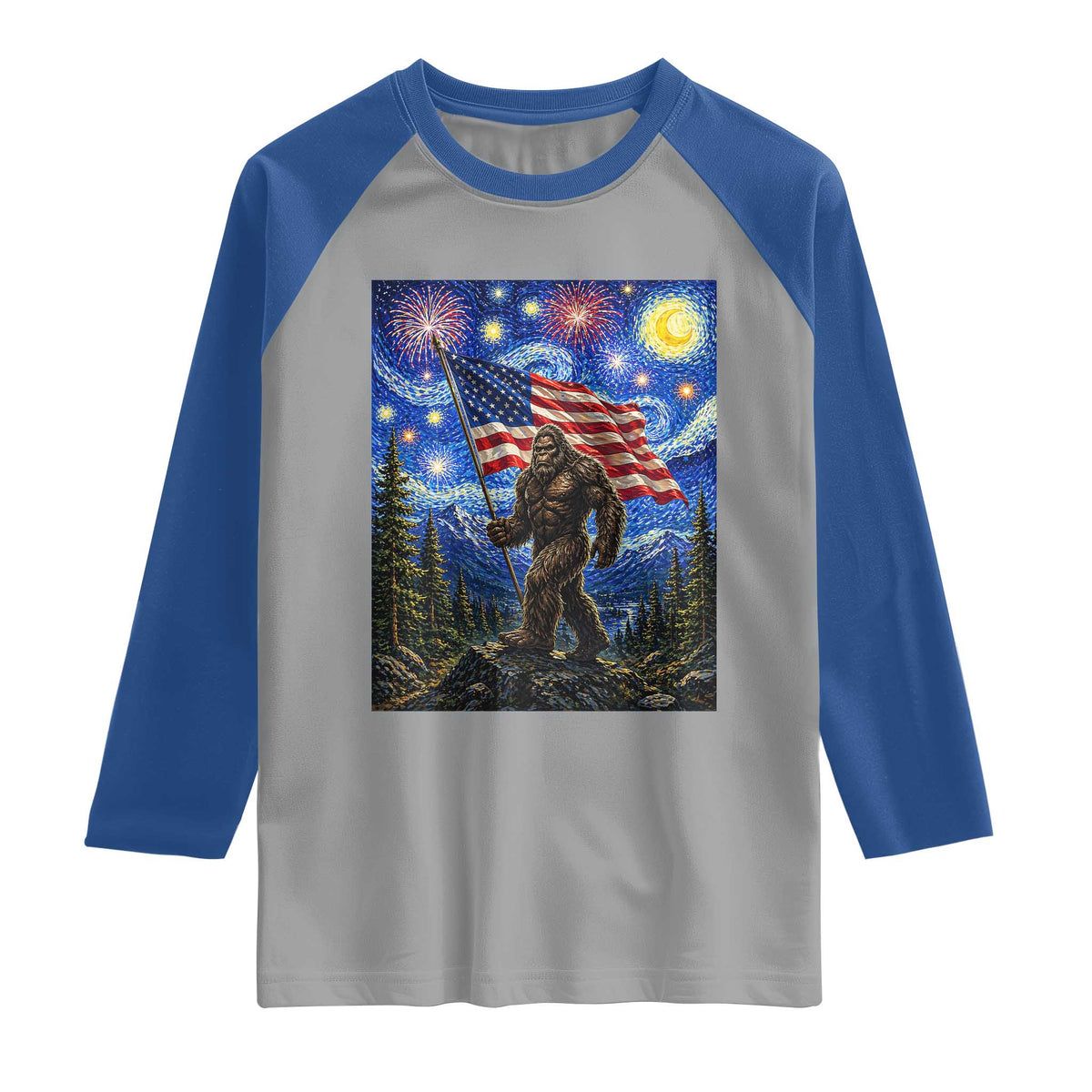 Bigfoot Patriotic 250 Years of Freedom Raglan Shirt American USA Flag Stary Night