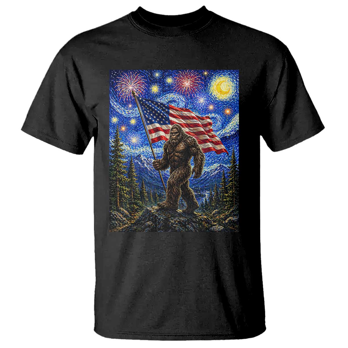Bigfoot Patriotic 250 Years of Freedom T Shirt American USA Flag Stary Night