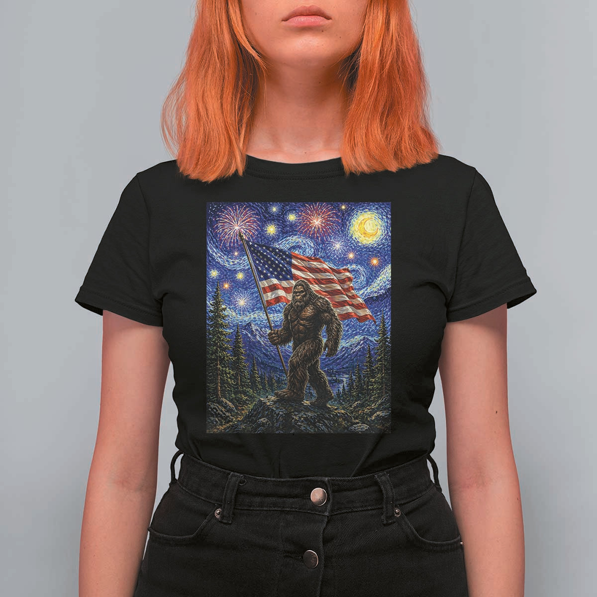 Bigfoot Patriotic 250 Years of Freedom T Shirt For Women American USA Flag Stary Night