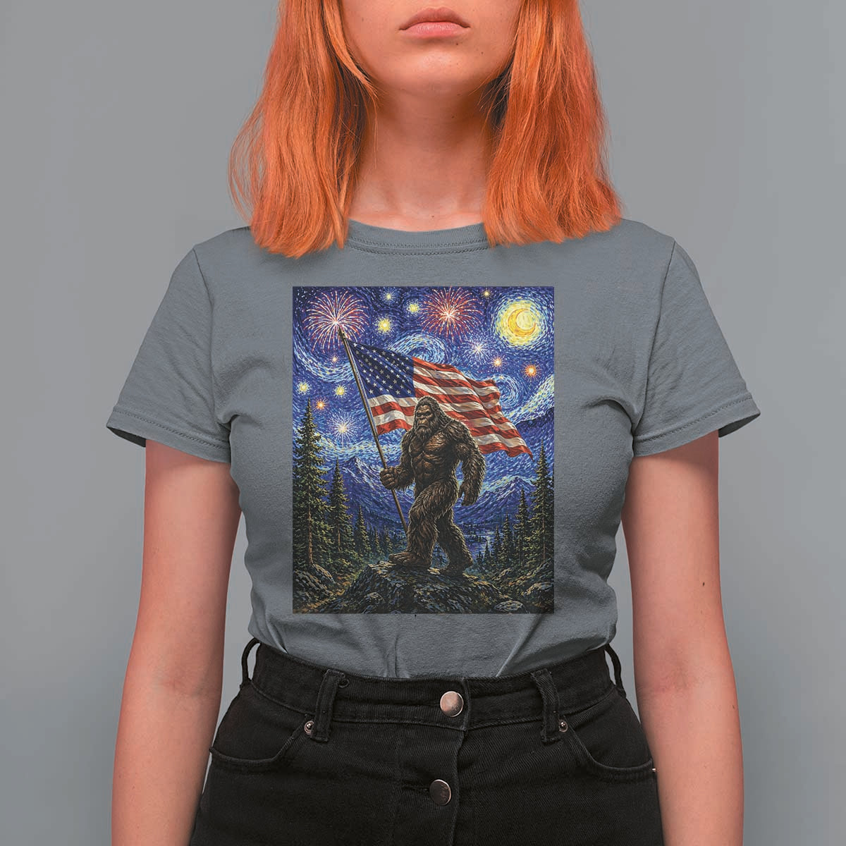 Bigfoot Patriotic 250 Years of Freedom T Shirt For Women American USA Flag Stary Night
