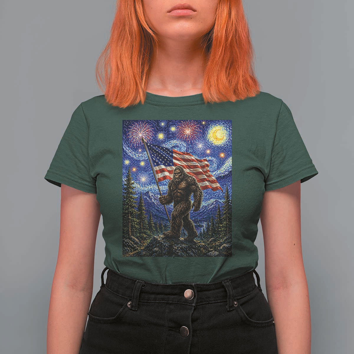 Bigfoot Patriotic 250 Years of Freedom T Shirt For Women American USA Flag Stary Night