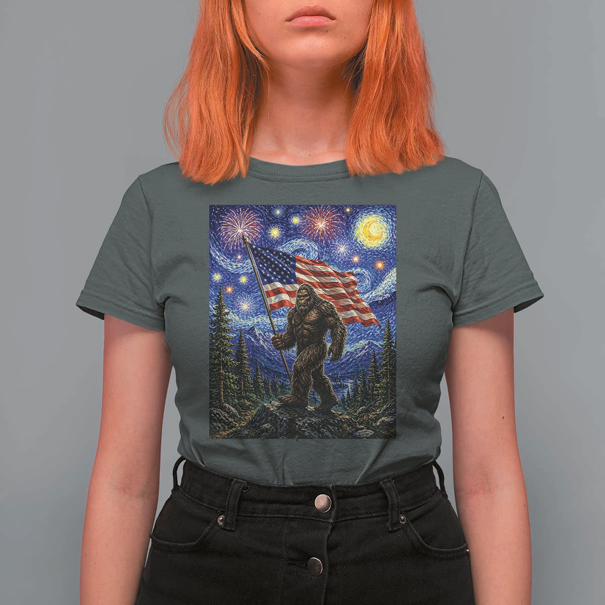 Bigfoot Patriotic 250 Years of Freedom T Shirt For Women American USA Flag Stary Night