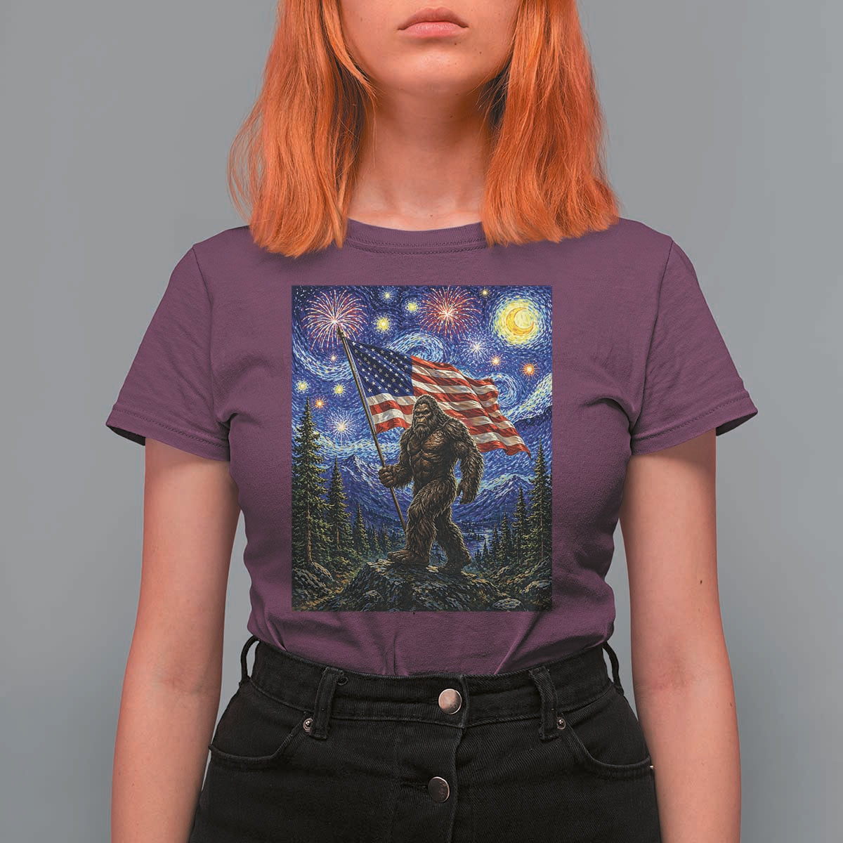 Bigfoot Patriotic 250 Years of Freedom T Shirt For Women American USA Flag Stary Night