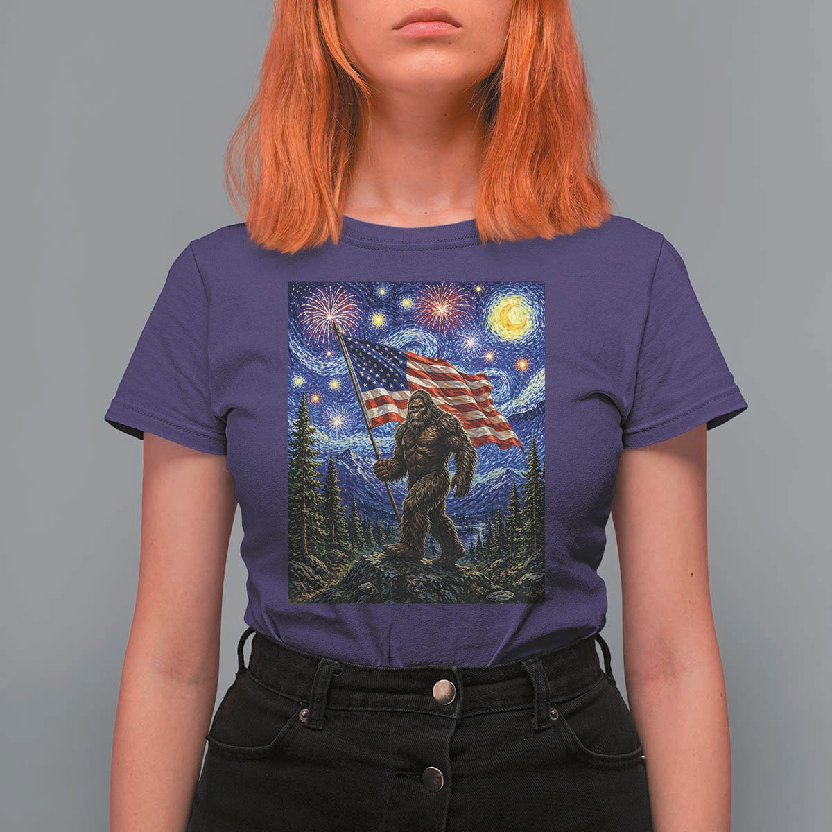 Bigfoot Patriotic 250 Years of Freedom T Shirt For Women American USA Flag Stary Night