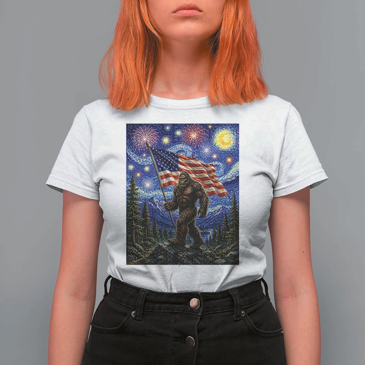 Bigfoot Patriotic 250 Years of Freedom T Shirt For Women American USA Flag Stary Night