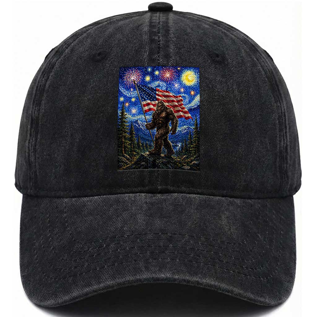 Bigfoot Patriotic 250 Years of Freedom Washed Cotton Baseball Cap American USA Flag Stary Night