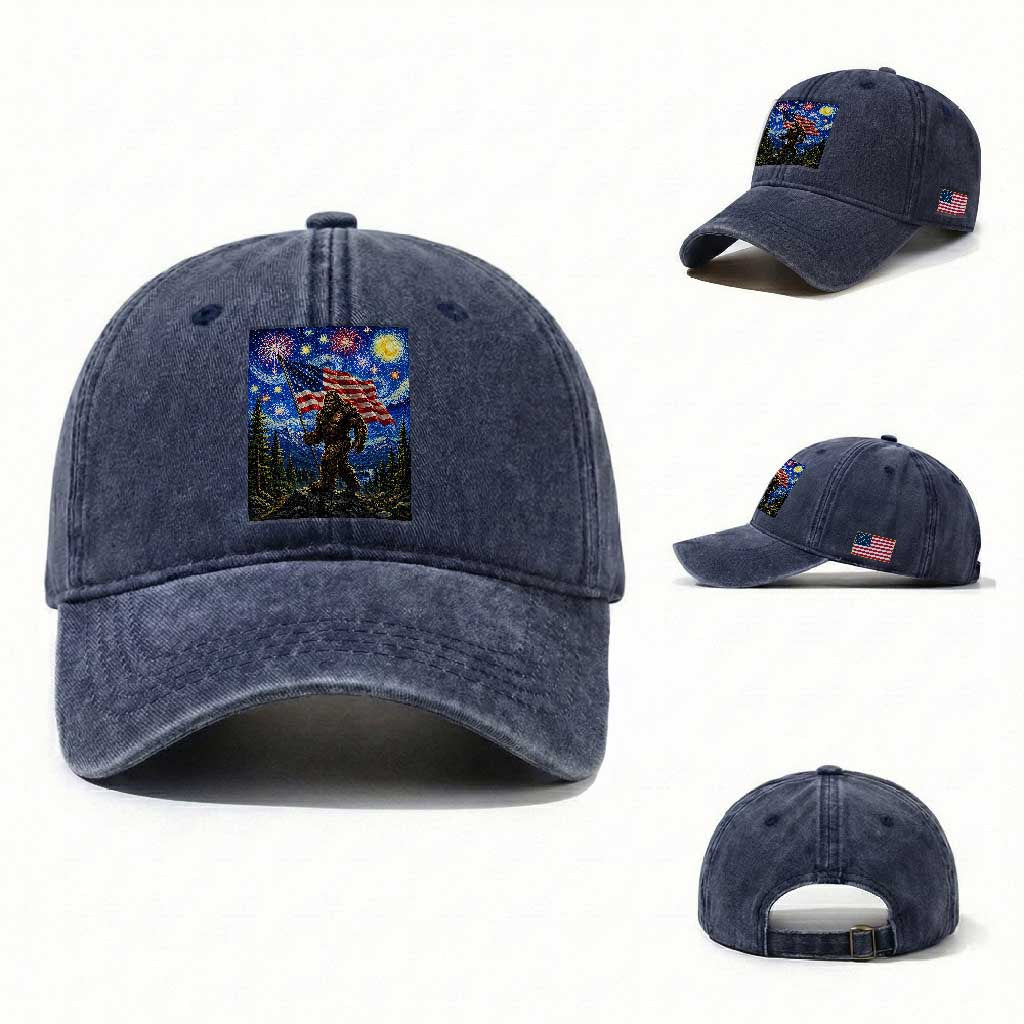 Bigfoot Patriotic 250 Years of Freedom Washed Cotton Baseball Cap American USA Flag Stary Night