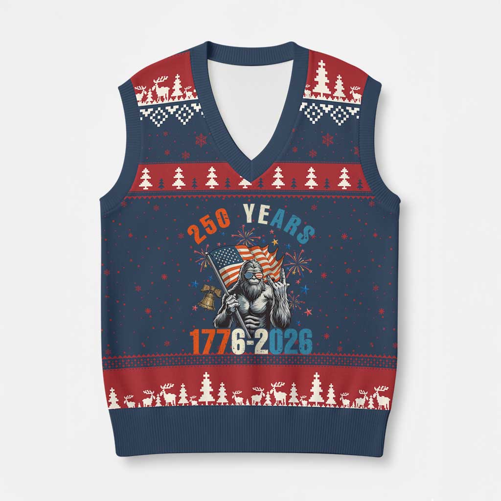 250th Anniversary USA V-Neck Knit Sweater Vest Bigfoot American Flag Patriotic 4th of July