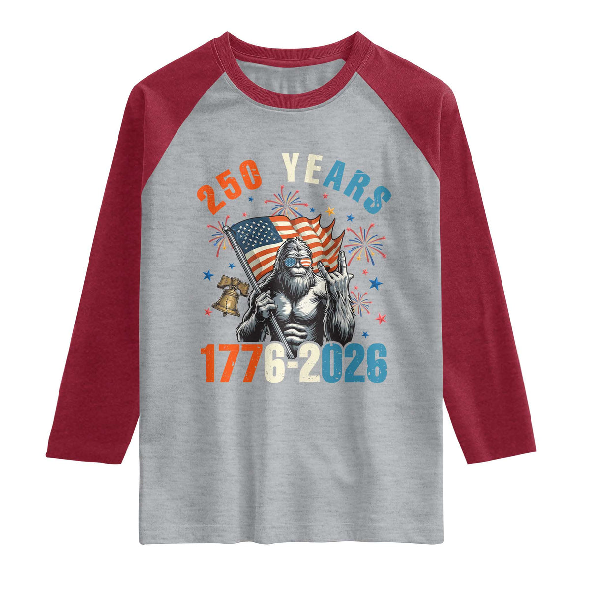 250th Anniversary USA Raglan Shirt Bigfoot American Flag Patriotic 4th of July